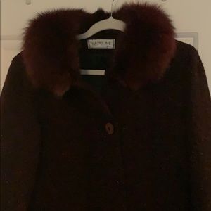 Lined wool blend coat with dyed rabbit collar